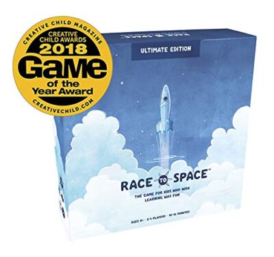 this is an image of a race to space card game for kids. 