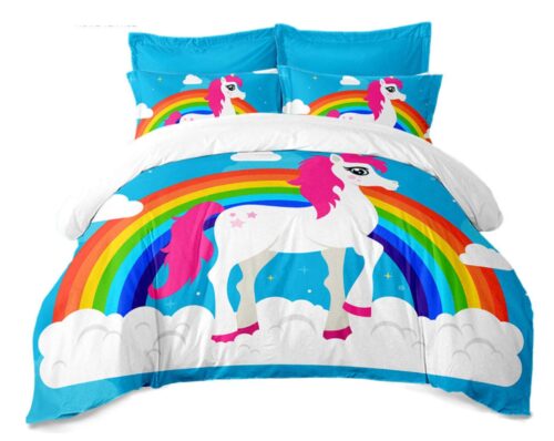 this is an image of a rainbow unicorn 3D bedding set for kids. 