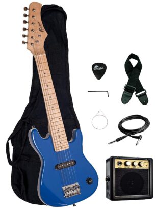 This is an image of kid's electric guitar pack with amp and accessories in blue color