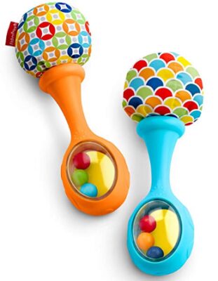 This is an image of baby two rattle maracas in blue and orange colors