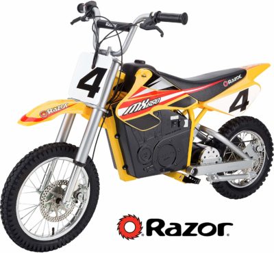 This is an image of a yellow MX650 electric bike by Razor. 