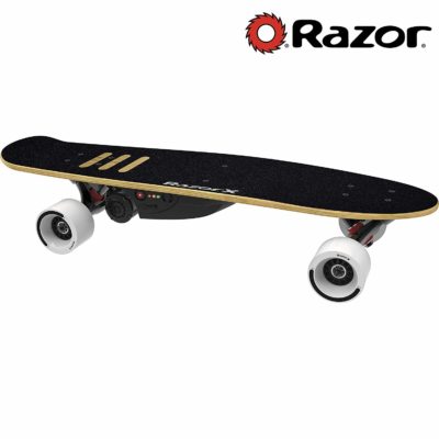 This is an image of a black electric skateboard by Razor. 