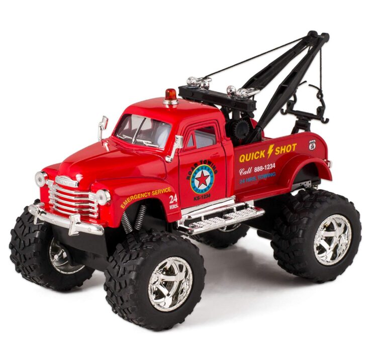 this is an image of Red 1953 Chevy Off-Road Wrecker Die Cast Tow Truck Toy