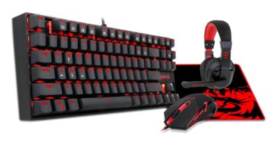 This is an image of a gaming combo set with red LED lights. 