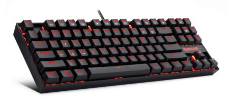 This is an image of a black gaming keyboard with red LED backlit. 