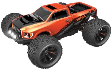 This is an image of monster truck with remote control in black and orange colors