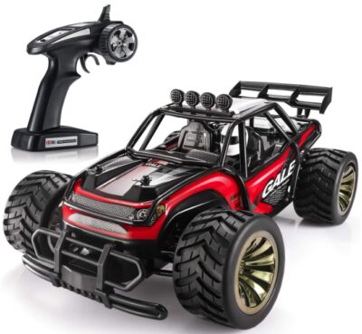 This is an image of kid's remote control monster truck in black and red colors