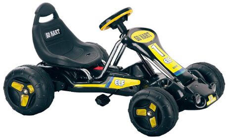 This is an image of Ride on toy go kart designed for kids in black and yellow colors