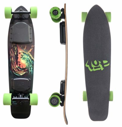 This is an image of a black electric skateboard by Ride1UP. 