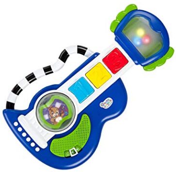 This is an image of Guitar toy with lights in blue and white colors designed for babies