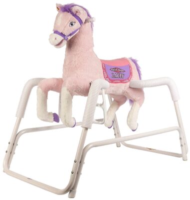 This is an image of kid's rockin horse plush, pink and white colors