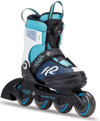 This is an image of kids roller blade skate in blue and black and white colors
