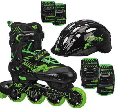 This is an image of kids roller blade skate with protective pack in green and black colors
