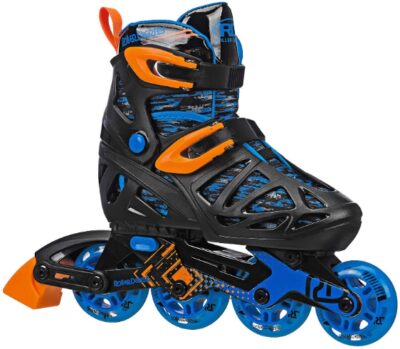 This is an image of kids roller blade skate in bleu orange and black colors