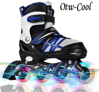 This is an image of kids roller blade skate in black and blue and white colors