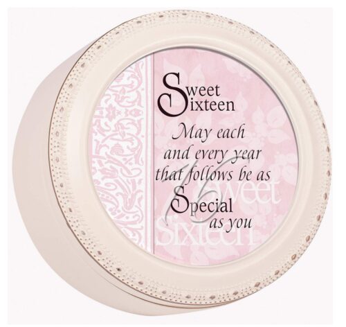 this is an image of a sweet 16 round jewelry and keepsake box for teenage girls. 