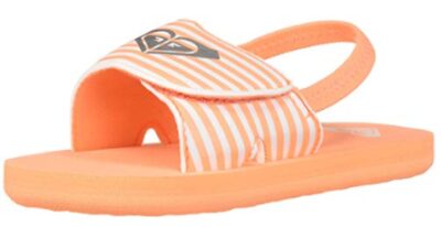 this is an image of an orange sling back flip flop sandal for kids ages 1-4 years old. 