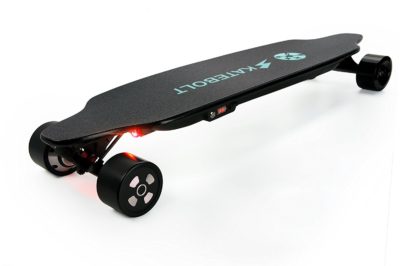 This is an image of a black tornado electric skateboard by Skatebolt. 