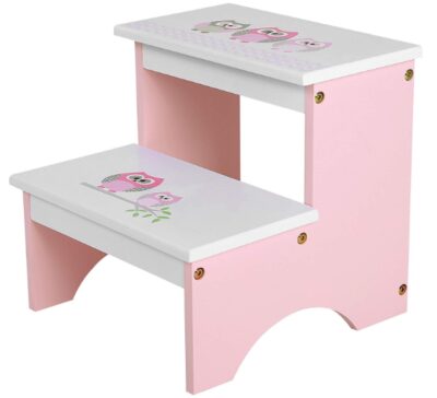 this is an image of a pink 2 step stool in wood owl theme, perfect for kids. 