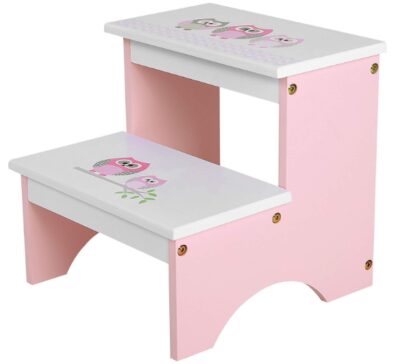 this is an image of a pink 2 step stool in wood owl theme, perfect for kids.