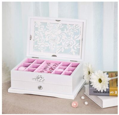 this is an image of a wooden flower carving jewelry box for little girls. 