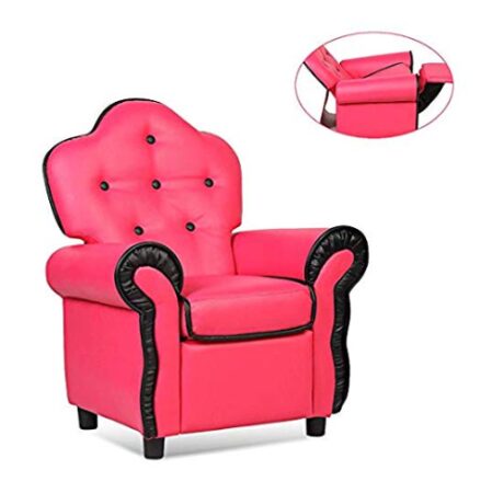 This is an image of a pink armchair designed for kids. 