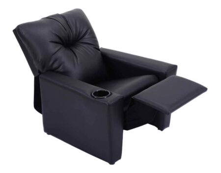 This is an image of a black leather lounge designed for kids. 