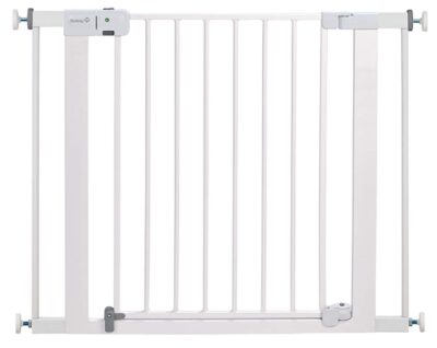 this is an image of a white auto close baby gate. 