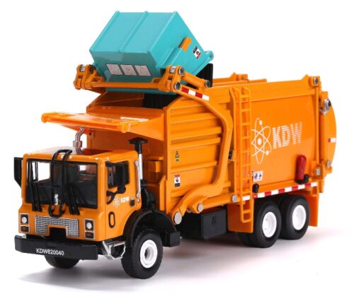 this is an image of a scale metal diecast garbage truck toy vehicle for kids. 