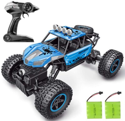 This is an image of Monster Truck with Remote control and two batteries in blue color
