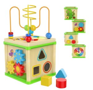 this is an image of a wooden activity cube toy