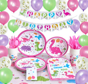 this is an image of pink dinosaur party plates