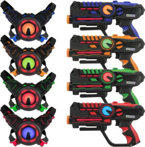 set of four laser tag guns in different colors