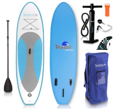 this is an image of a 6 Inches thick inflatable stand up paddle for kids, teens and adults. 