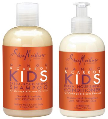 this is an image of a mango and carrot shampoo and conditioner for kids with dry and delicate hair.