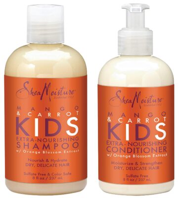 this is an image of a mango and carrot shampoo and conditioner for kids with dry and delicate hair.