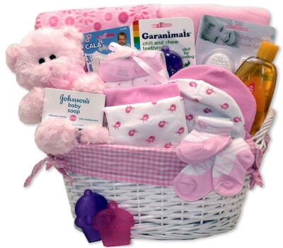 This is an image of baby girl necessities basket gift in pink color