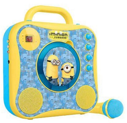 This is an image of Singing machine minion with microphone in yellow and bleu colors