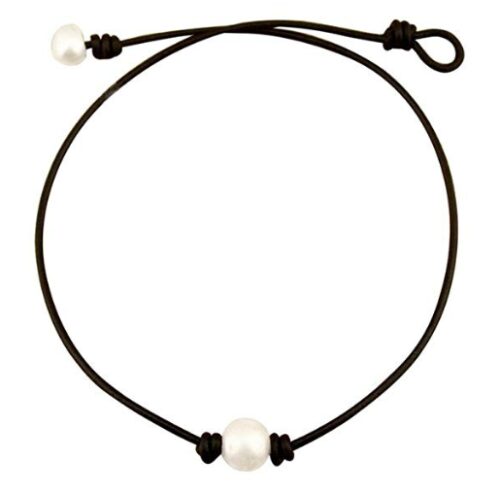 this is an image of a single pearl leather choker necklace for young girls. 