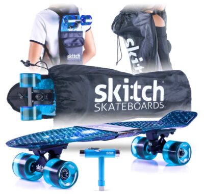 this is an image of a 22-inch Skitch mini cruiser board, skateboard backpack, skate tool and tote bag for beginners. 