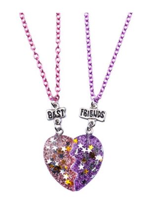 This is an image of a purple and pink heart shaped BFF necklace for kids. 