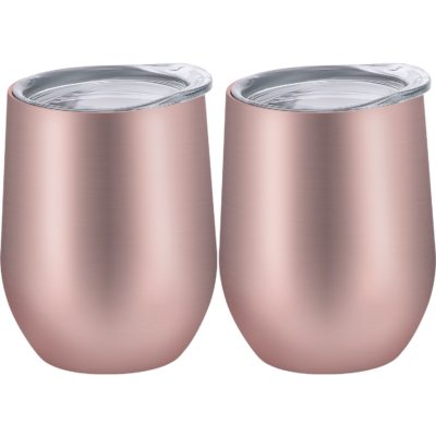 This is an image of a 2 piece rose gold wine glass tumbler. 