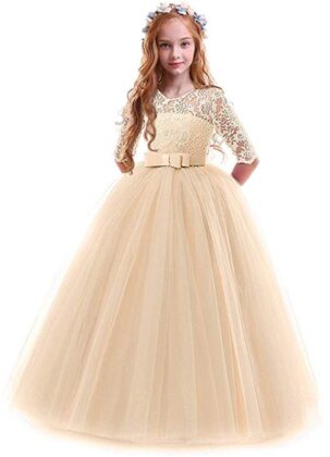 This is an image of girl's dress floor length formal dance prom in off white color