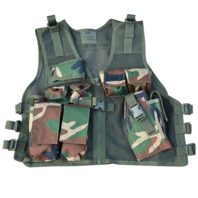 This is an image of a camouflage cross draw vest for kids, 