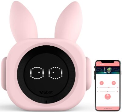 this is an image of a smart sleep trainer with amazon alexa alarm clock including night lights and sleep sounds customizable sleep training program by smartphone app designed for kids and toddlers.