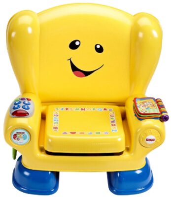 This is an image of toddler's smart chair with various of tools and sound in yellow color