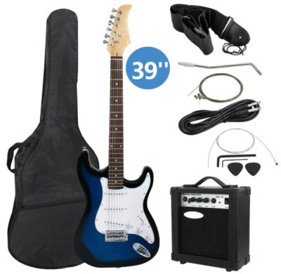 This is an image of kid's electric guitar full size with amp and accessories in white and blue colors