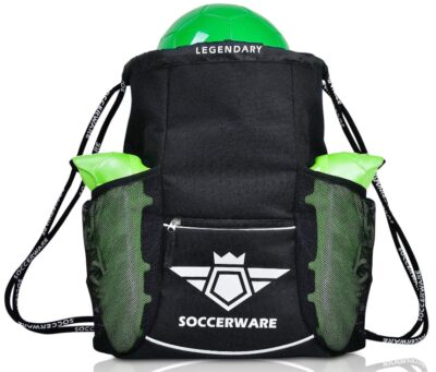 This is an image of kid's soccer backpack bag in black and green color