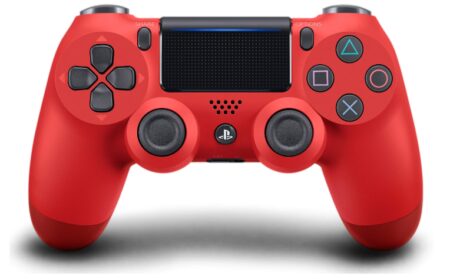This is an image of a red wireless controller for PS4. 