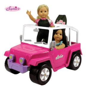 2 small doll figures inside a purple and pink toy car